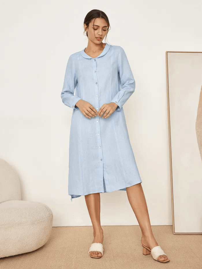 100% Linen Scoop Neck Half Placket Shirt Dress BELVA