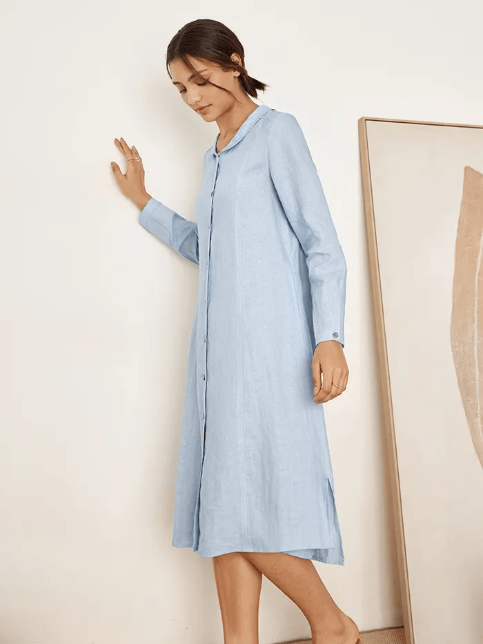 100% Linen Scoop Neck Half Placket Shirt Dress BELVA