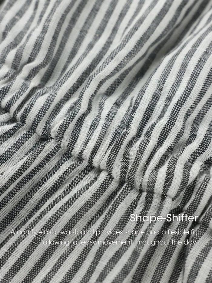 100% Linen Striped Elastic-Waist Midi Dress ARIA