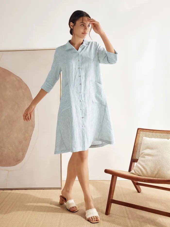 MADISON 100% Linen Striped Shirt Dress