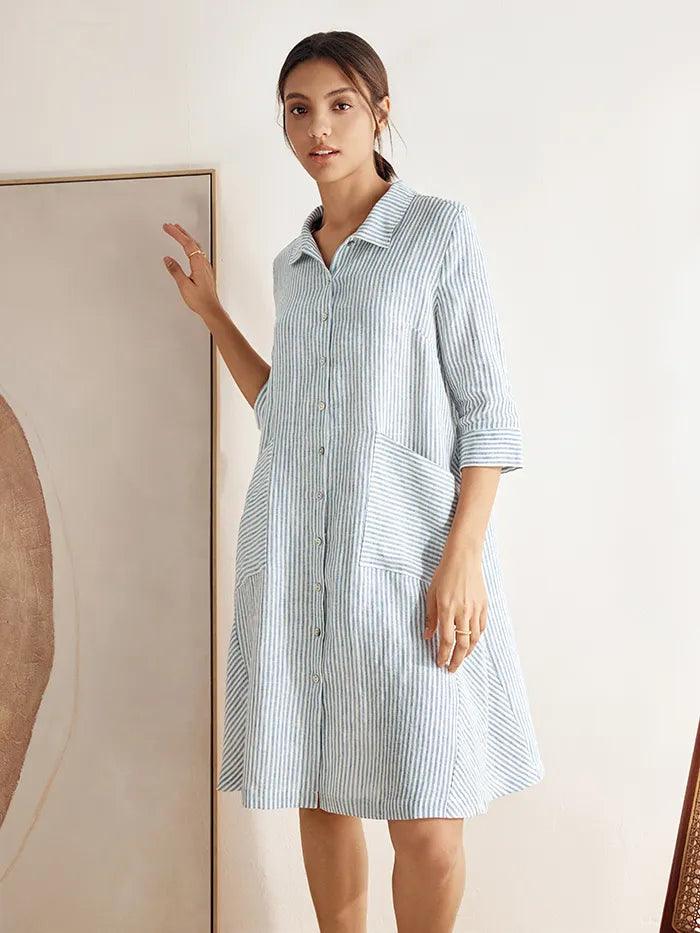 MADISON 100% Linen Striped Shirt Dress