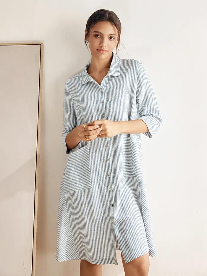 MADISON 100% Linen Striped Shirt Dress