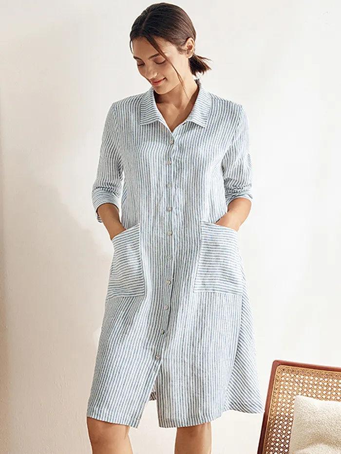 MADISON 100% Linen Striped Shirt Dress