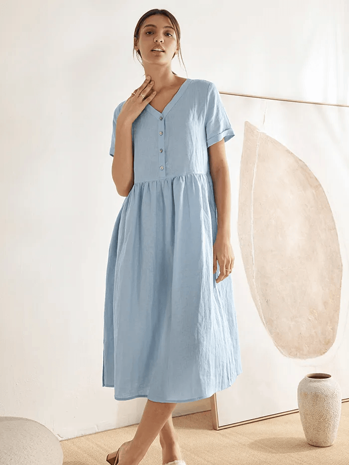 100% Linen V-Neck Gathered-Waist Dress