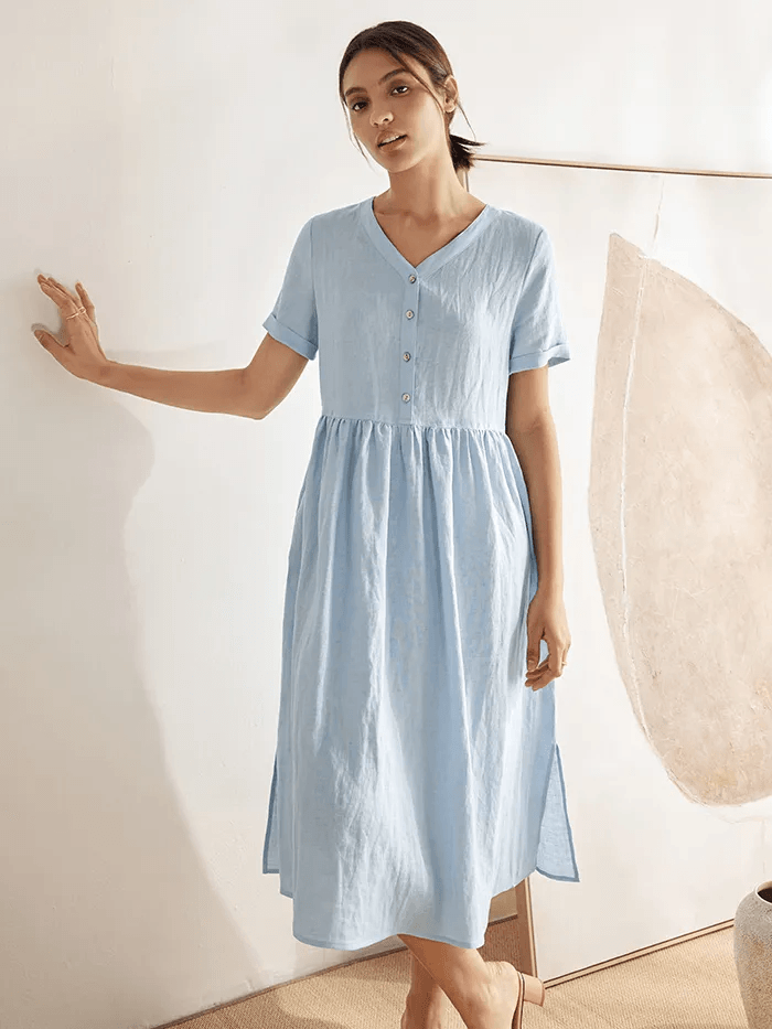 100% Linen V-Neck Gathered-Waist Dress