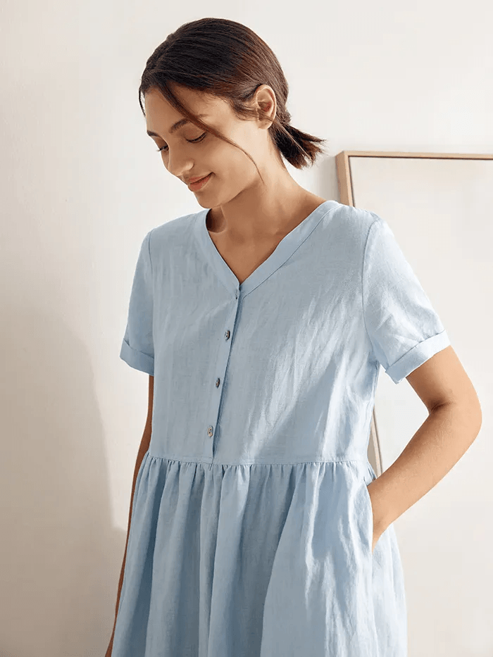 100% Linen V-Neck Gathered-Waist Dress