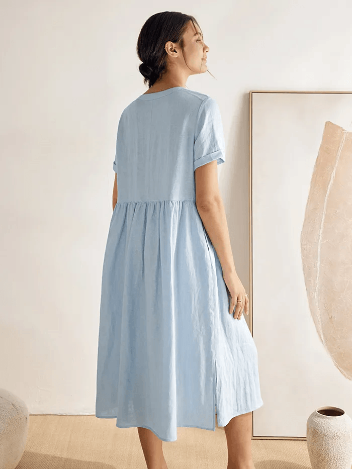 100% Linen V-Neck Gathered-Waist Dress