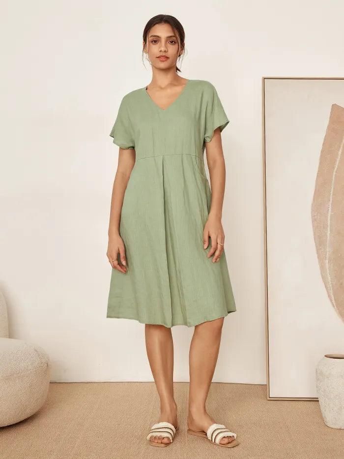 100% Linen V-Neck Pockets Swing Dress AINSLEY