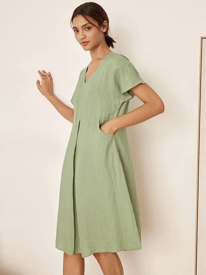 100% Linen V-Neck Pockets Swing Dress AINSLEY
