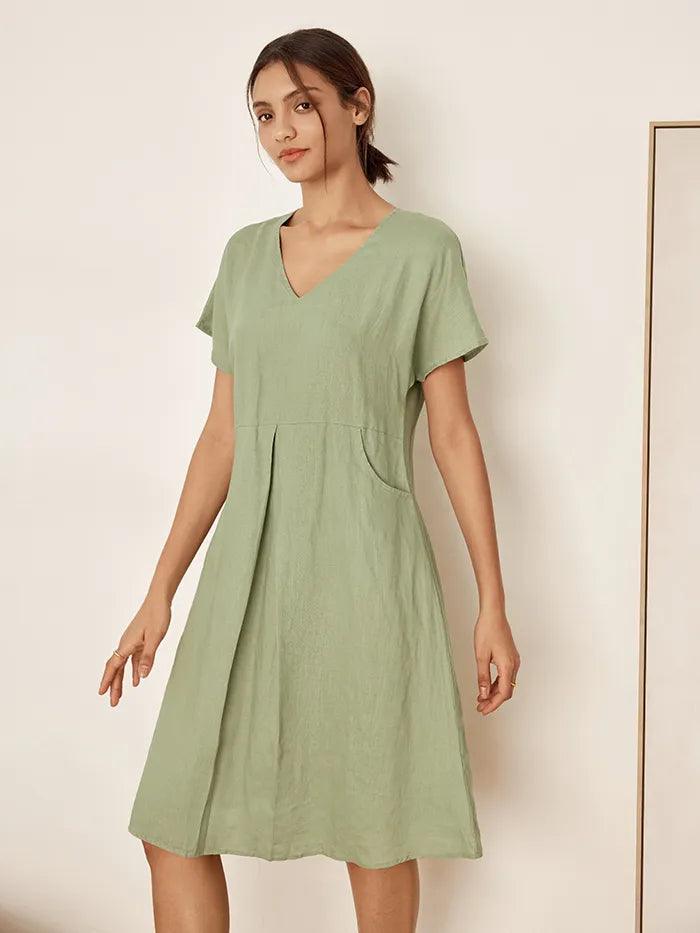 100% Linen V-Neck Pockets Swing Dress AINSLEY