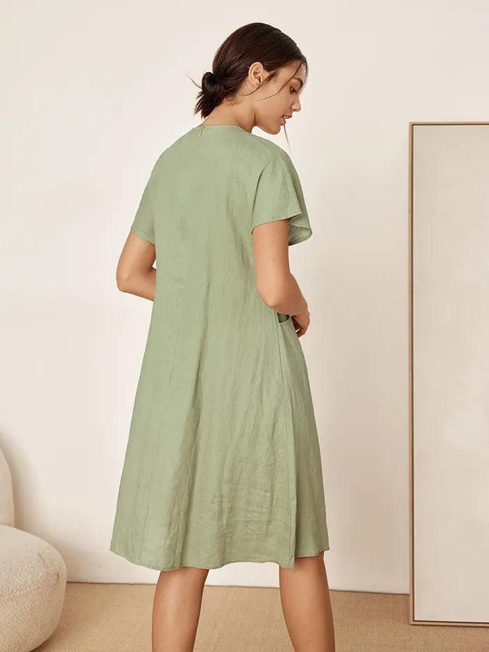 100% Linen V-Neck Pockets Swing Dress AINSLEY