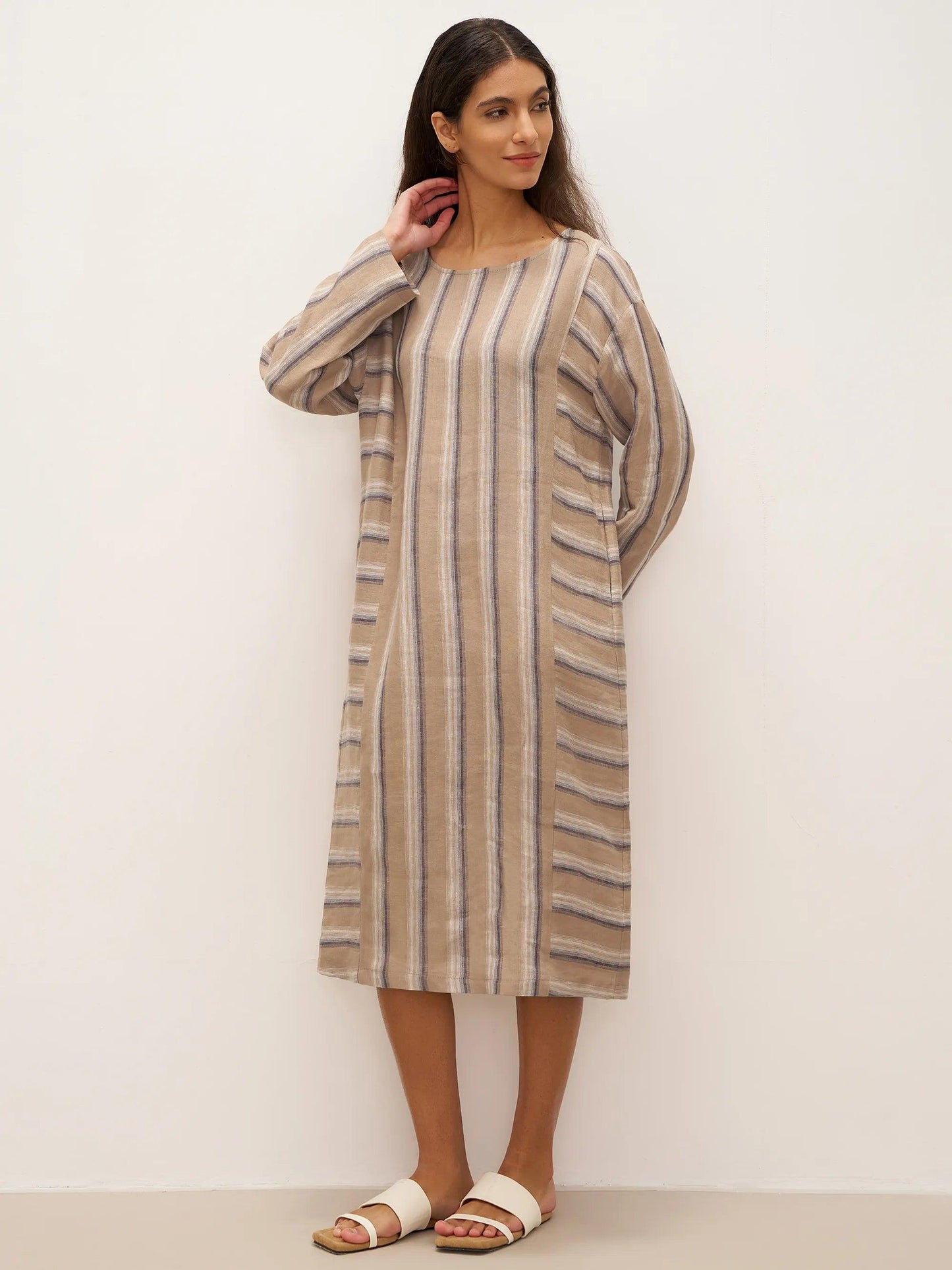 100% Linen Striped Crossweave Midi Dress ELSPETH