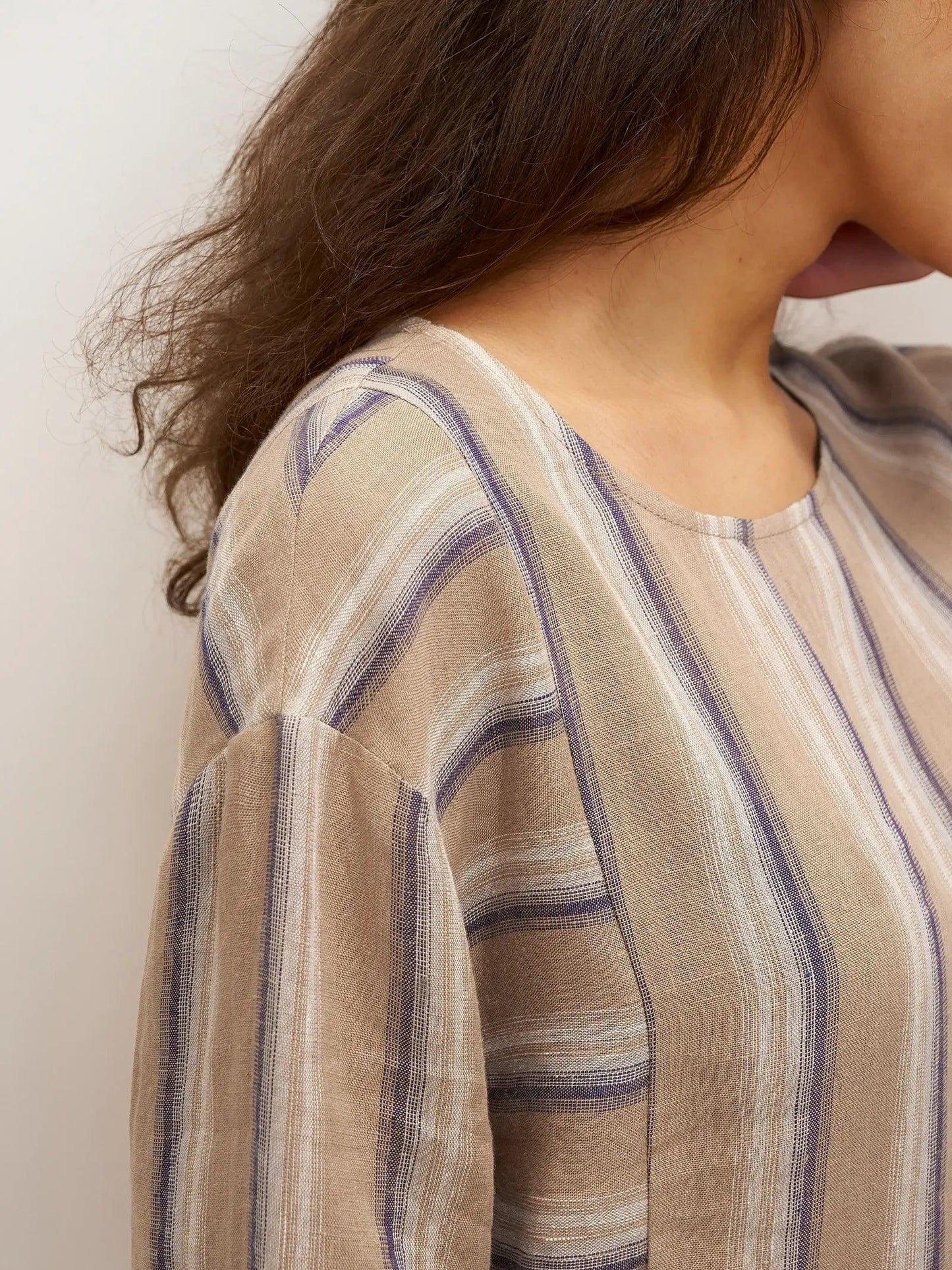 100% Linen Striped Crossweave Midi Dress ELSPETH