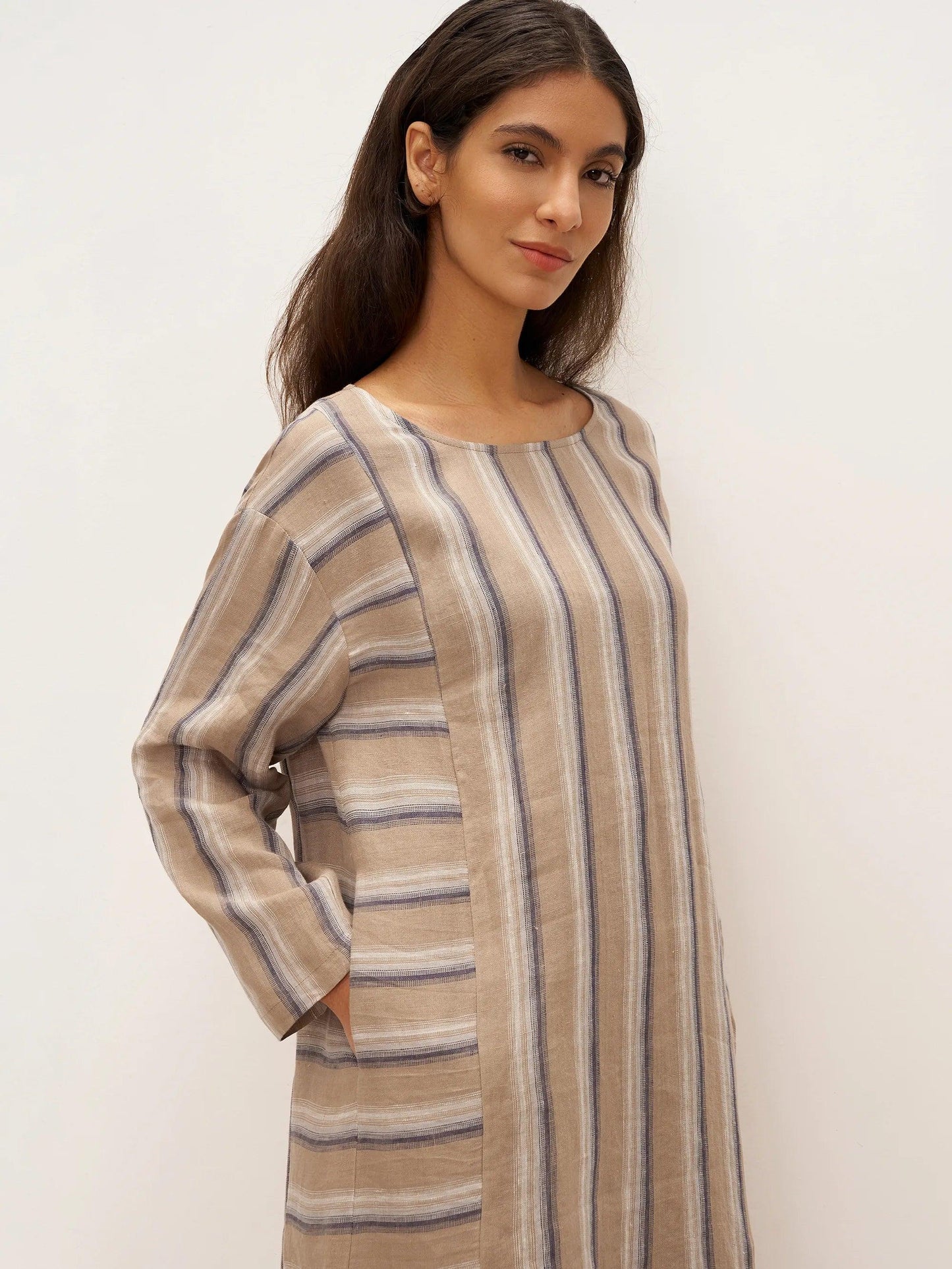 100% Linen Striped Crossweave Midi Dress ELSPETH