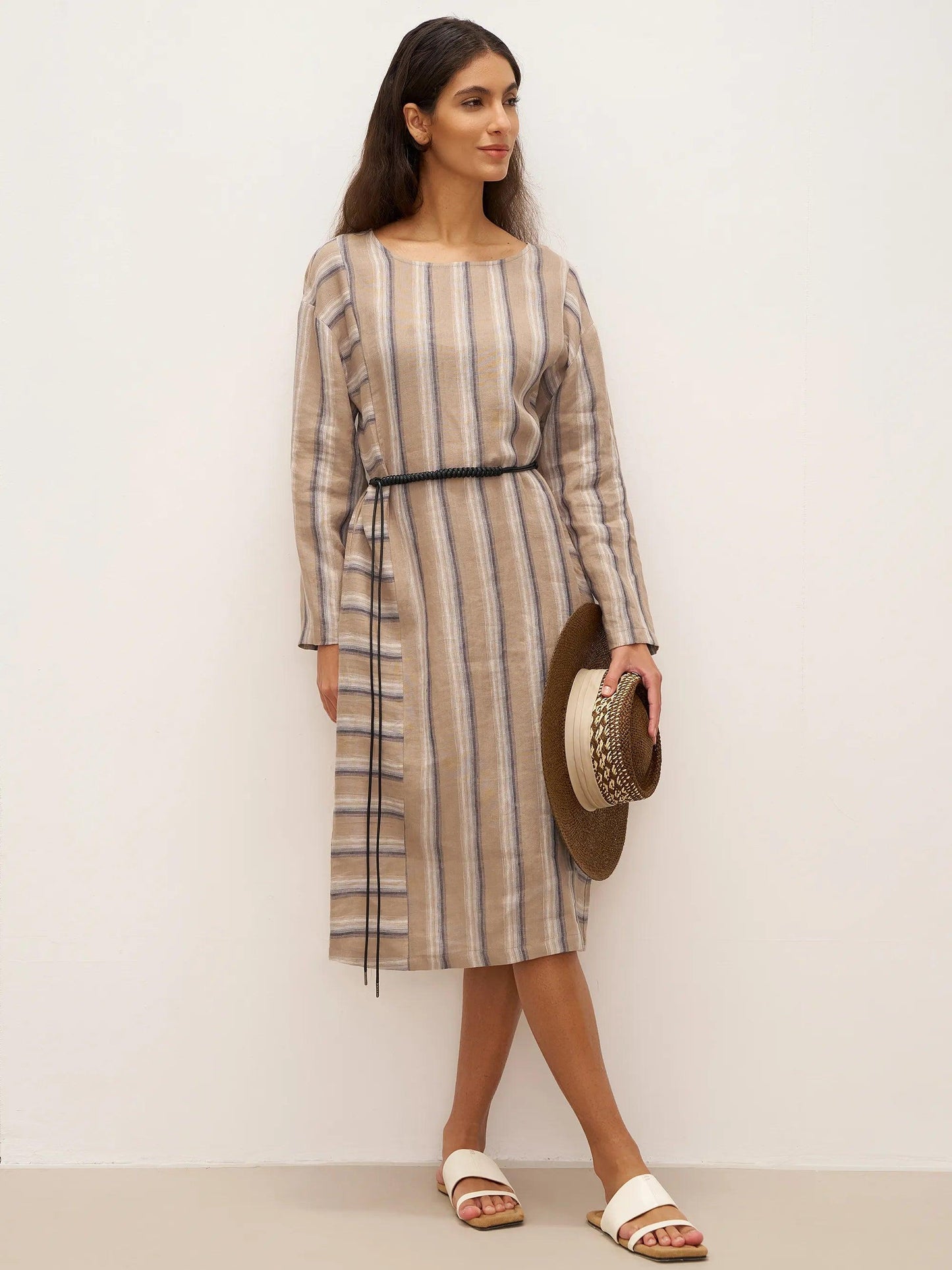 100% Linen Striped Crossweave Midi Dress ELSPETH