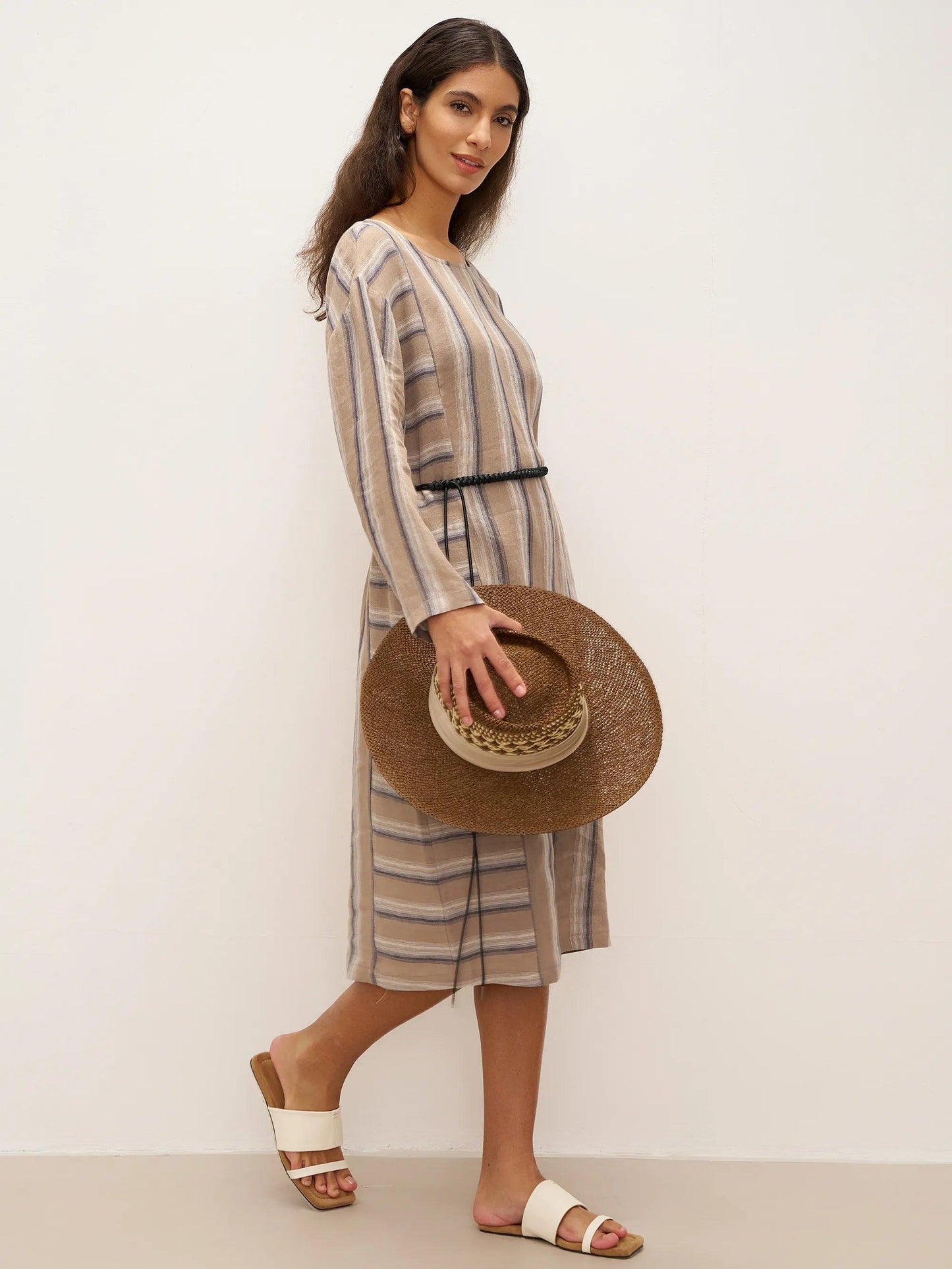 100% Linen Striped Crossweave Midi Dress ELSPETH