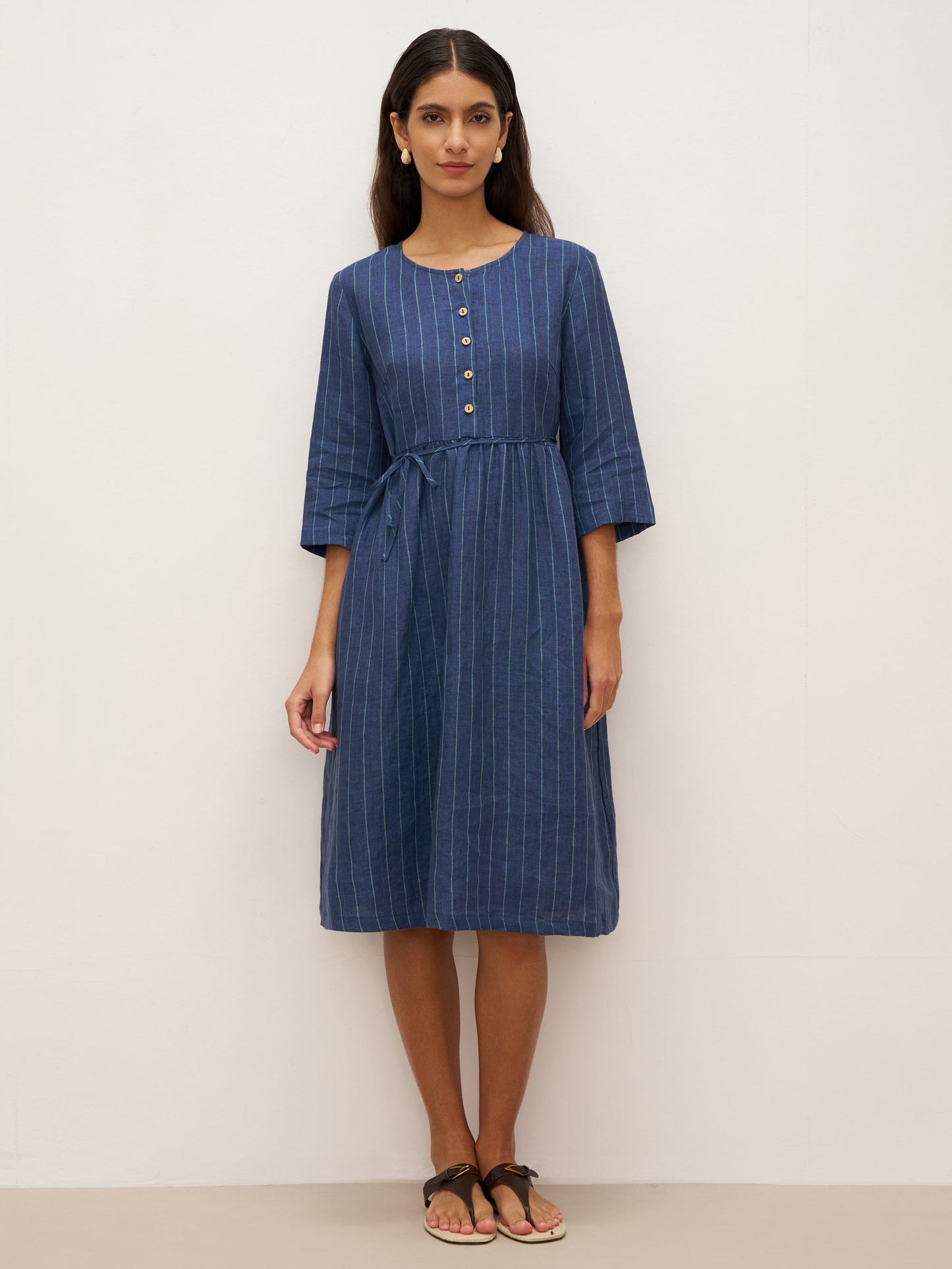 100% Linen Striped A-Line Midi Dress with Belt JULIET