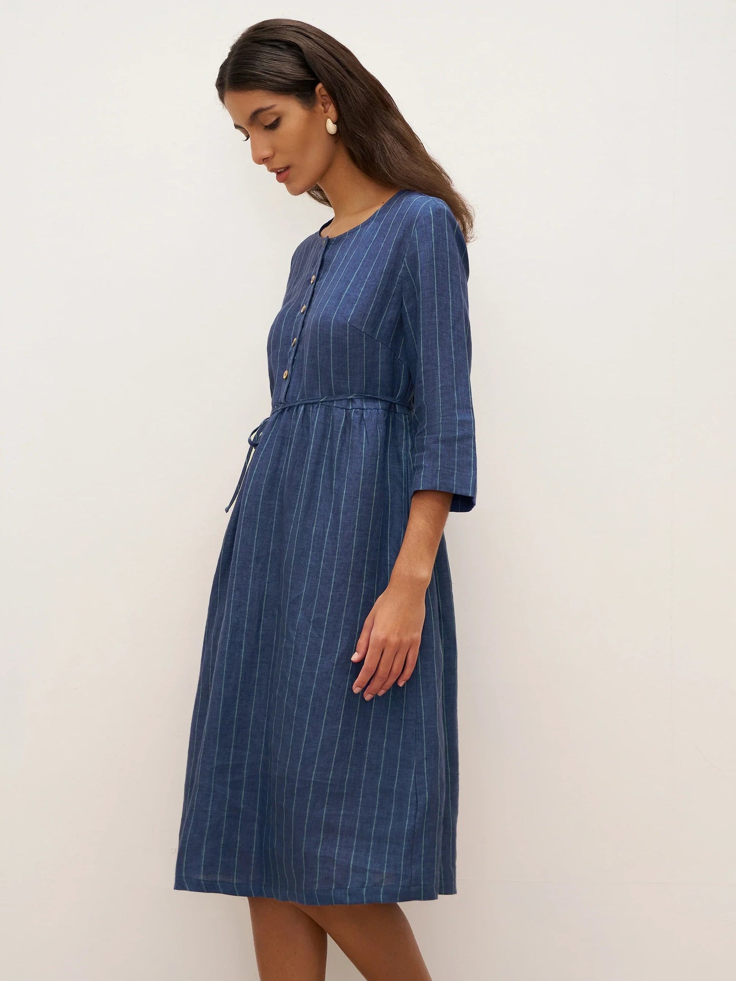 100% Linen Striped A-Line Midi Dress with Belt JULIET