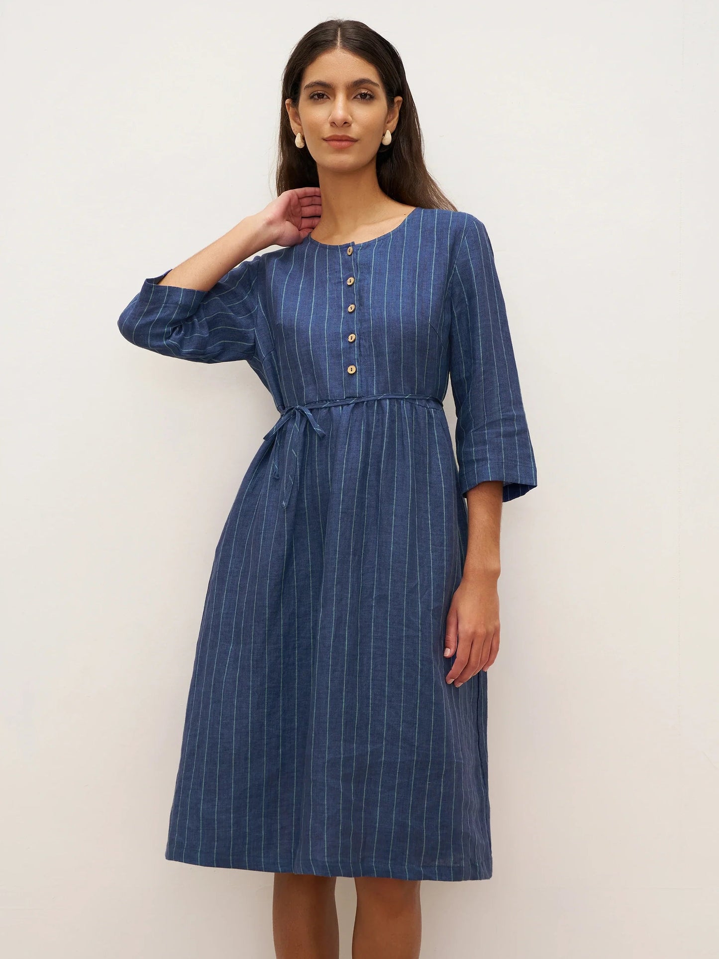 100% Linen Striped A-Line Midi Dress with Belt JULIET