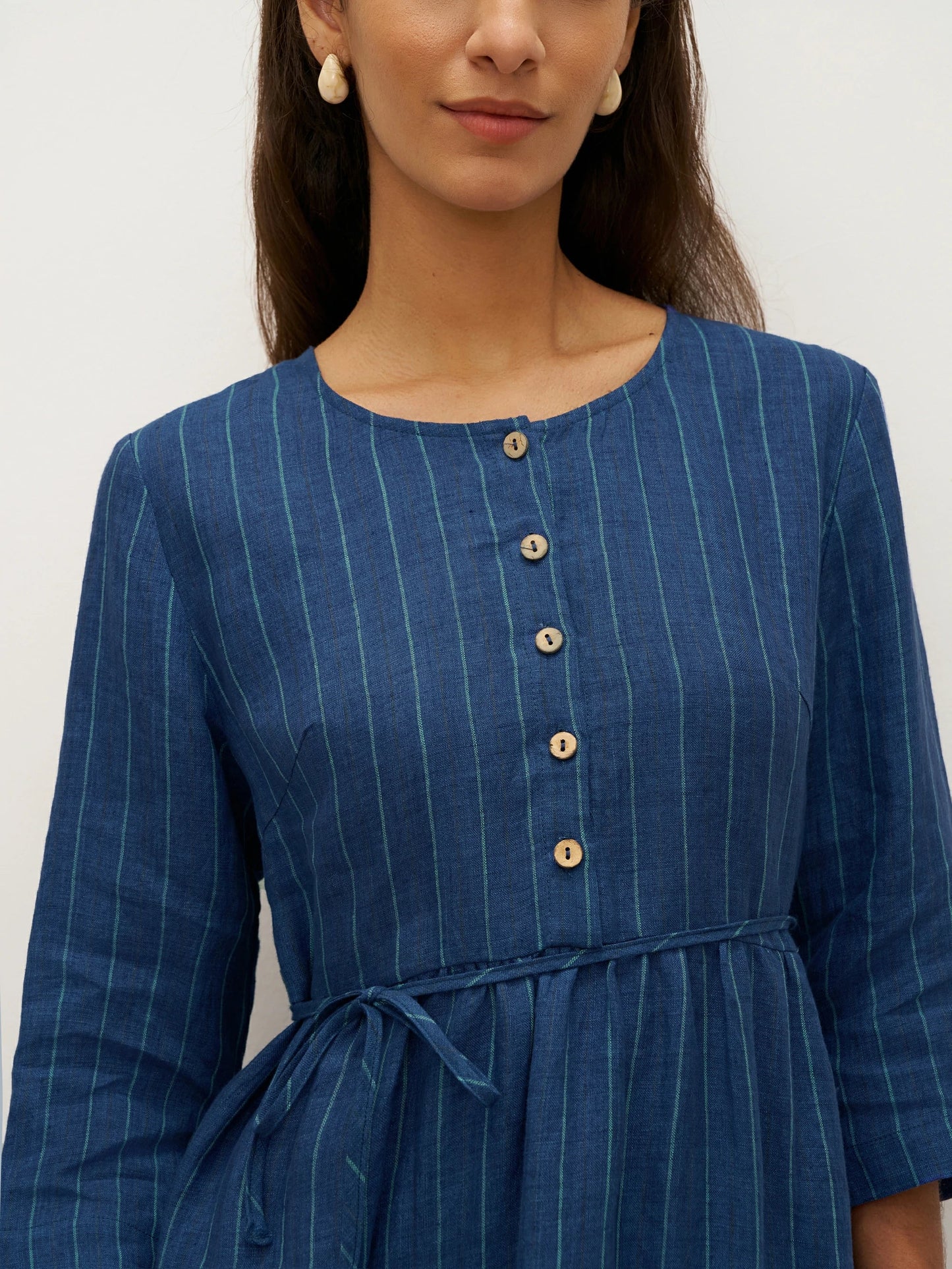 100% Linen Striped A-Line Midi Dress with Belt JULIET