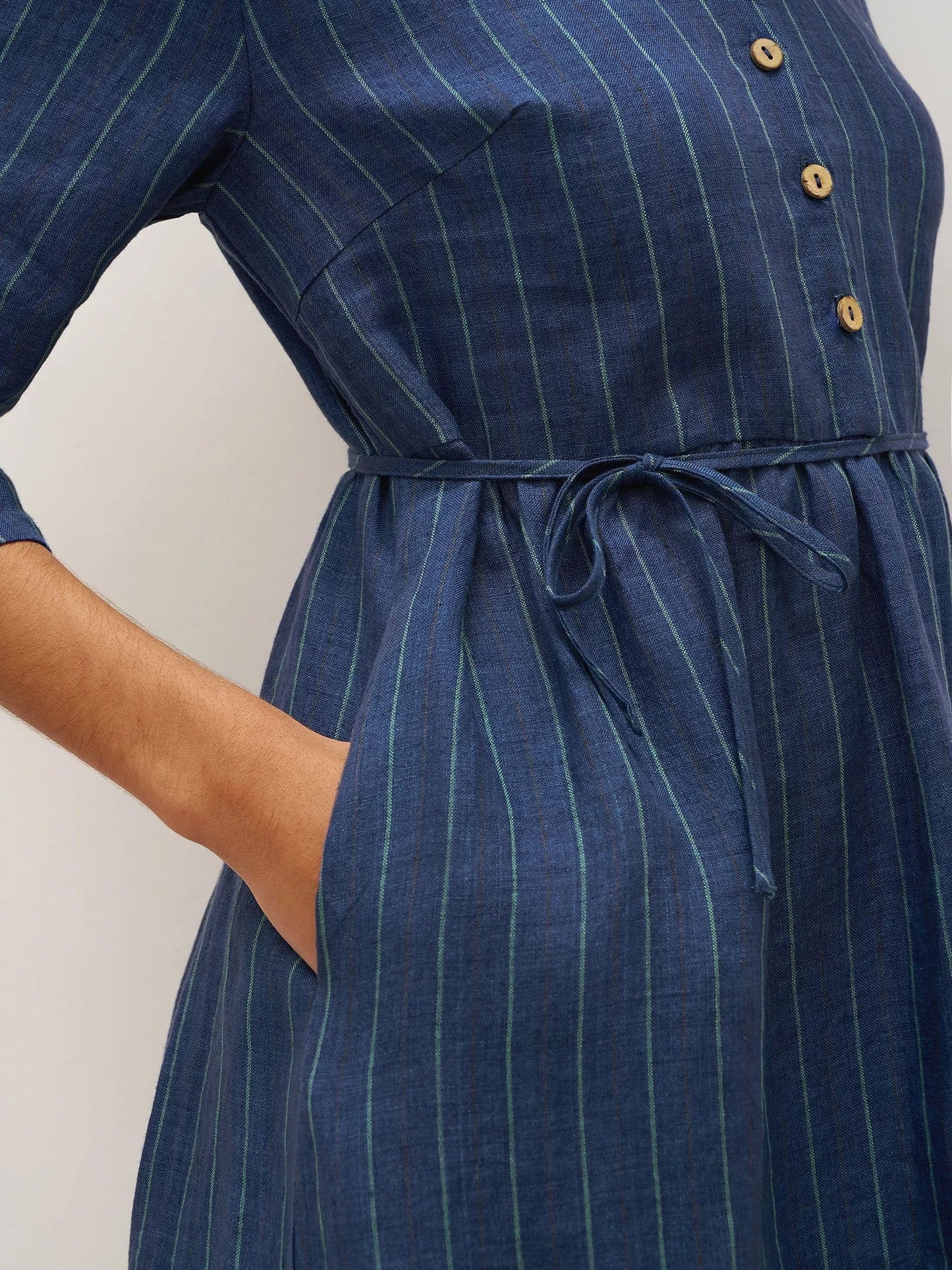 100% Linen Striped A-Line Midi Dress with Belt JULIET