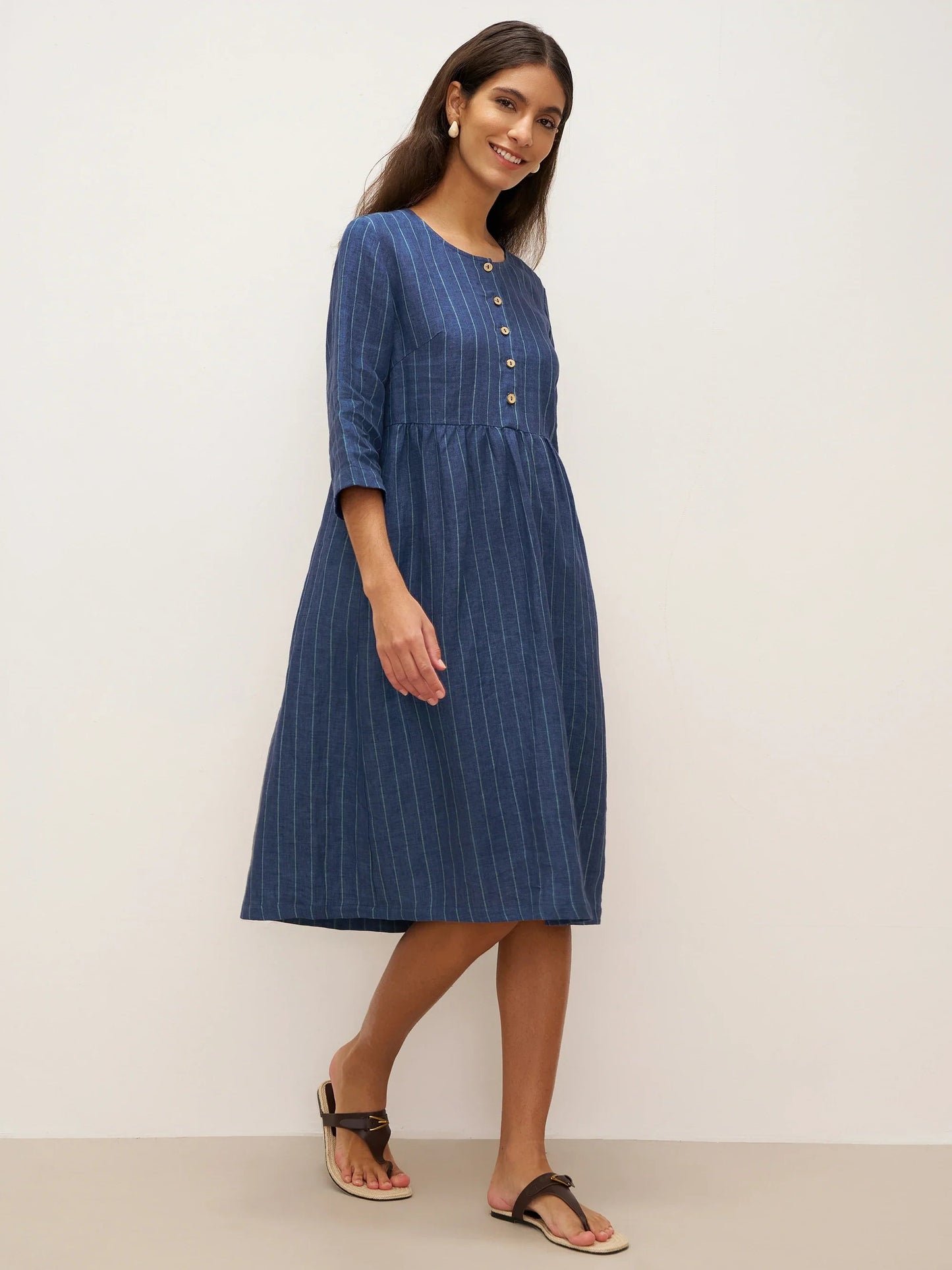 100% Linen Striped A-Line Midi Dress with Belt JULIET