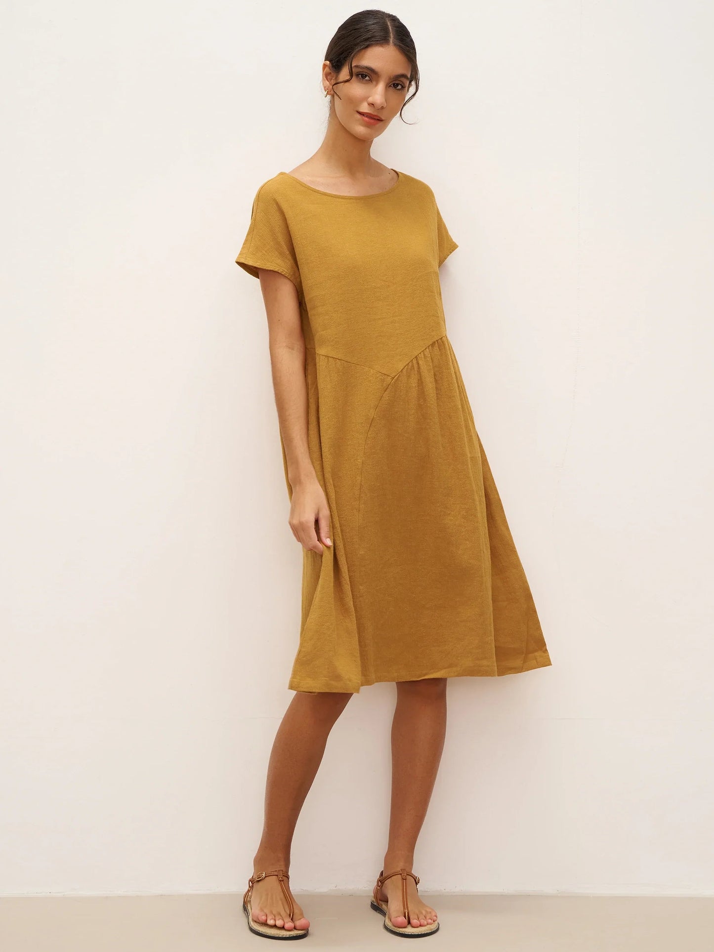 Linen Cap-Sleeve Textured Washed Midi Dress ALICE