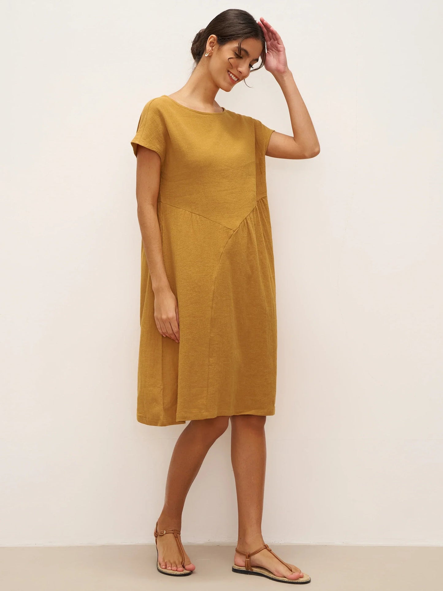 Linen Cap-Sleeve Textured Washed Midi Dress ALICE