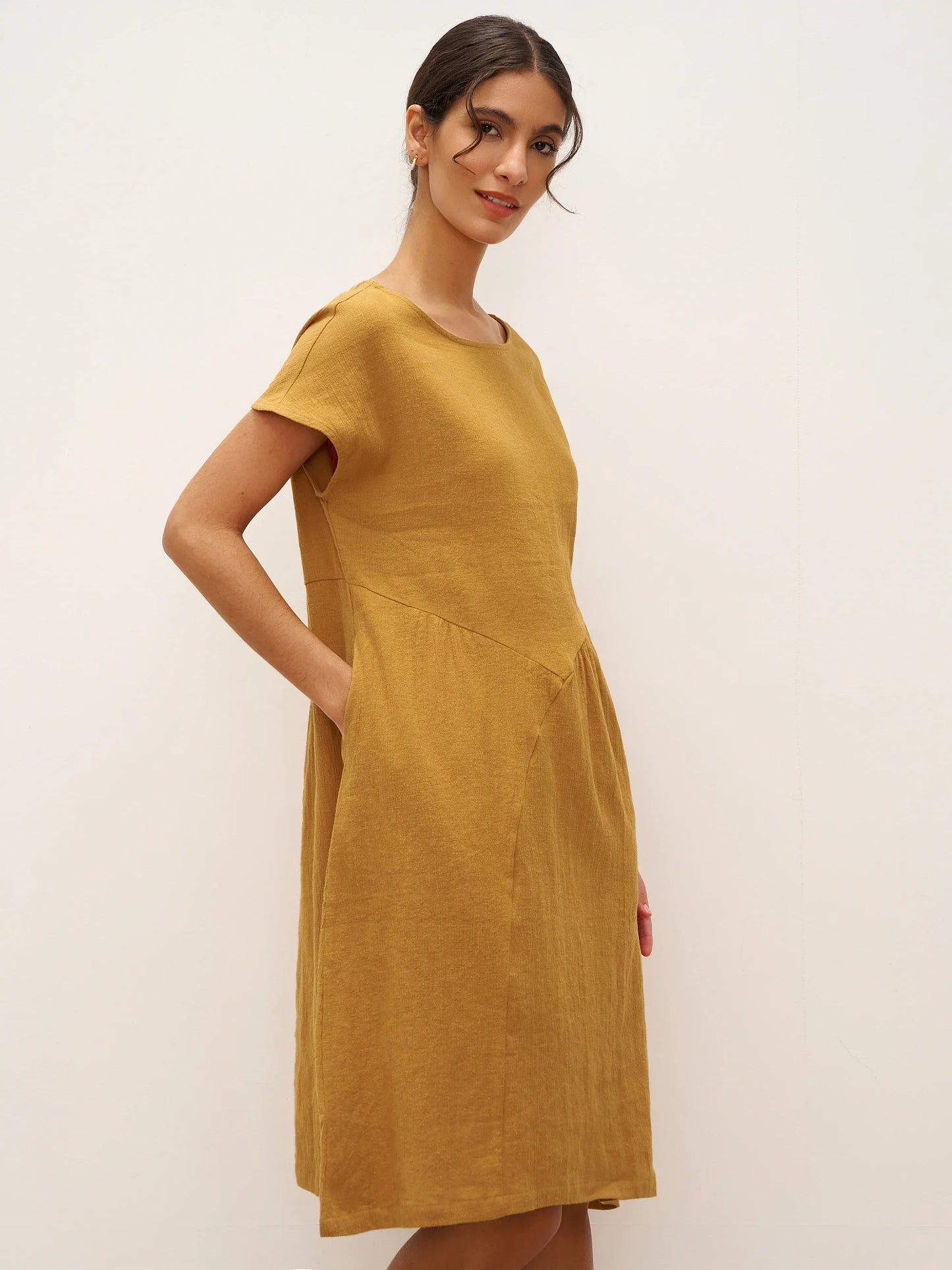 Linen Cap-Sleeve Textured Washed Midi Dress ALICE