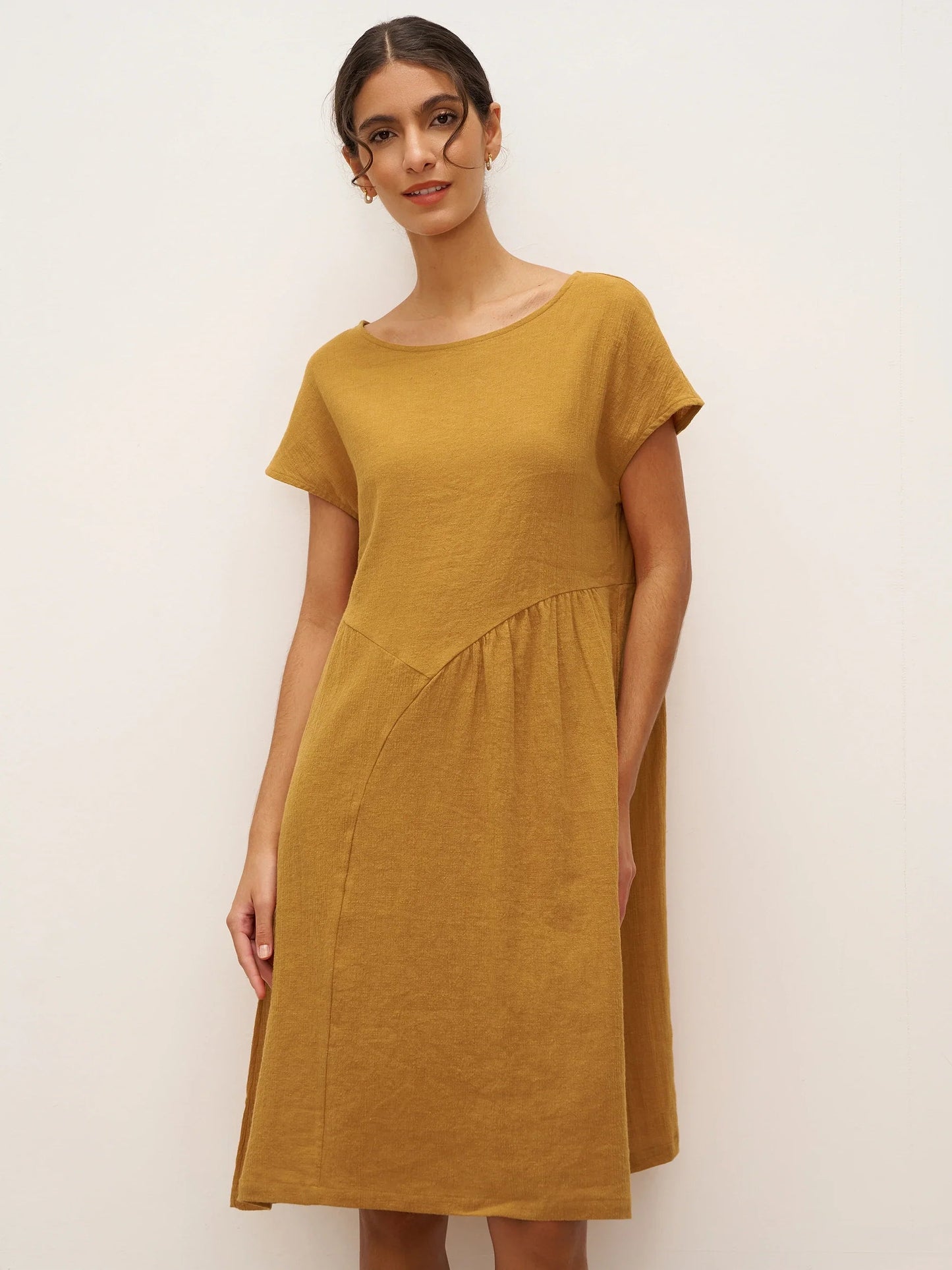 Linen Cap-Sleeve Textured Washed Midi Dress ALICE