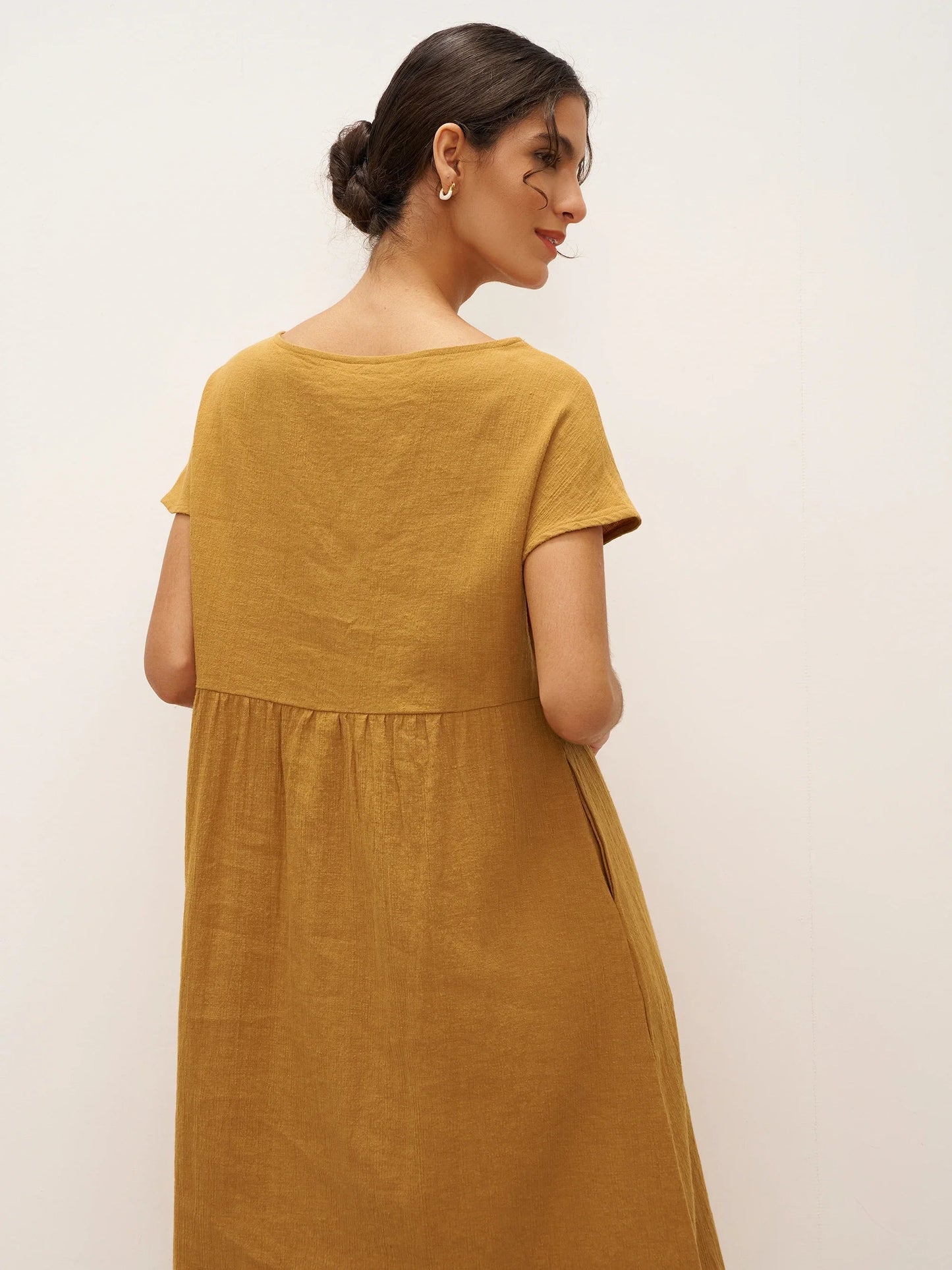 Linen Cap-Sleeve Textured Washed Midi Dress ALICE