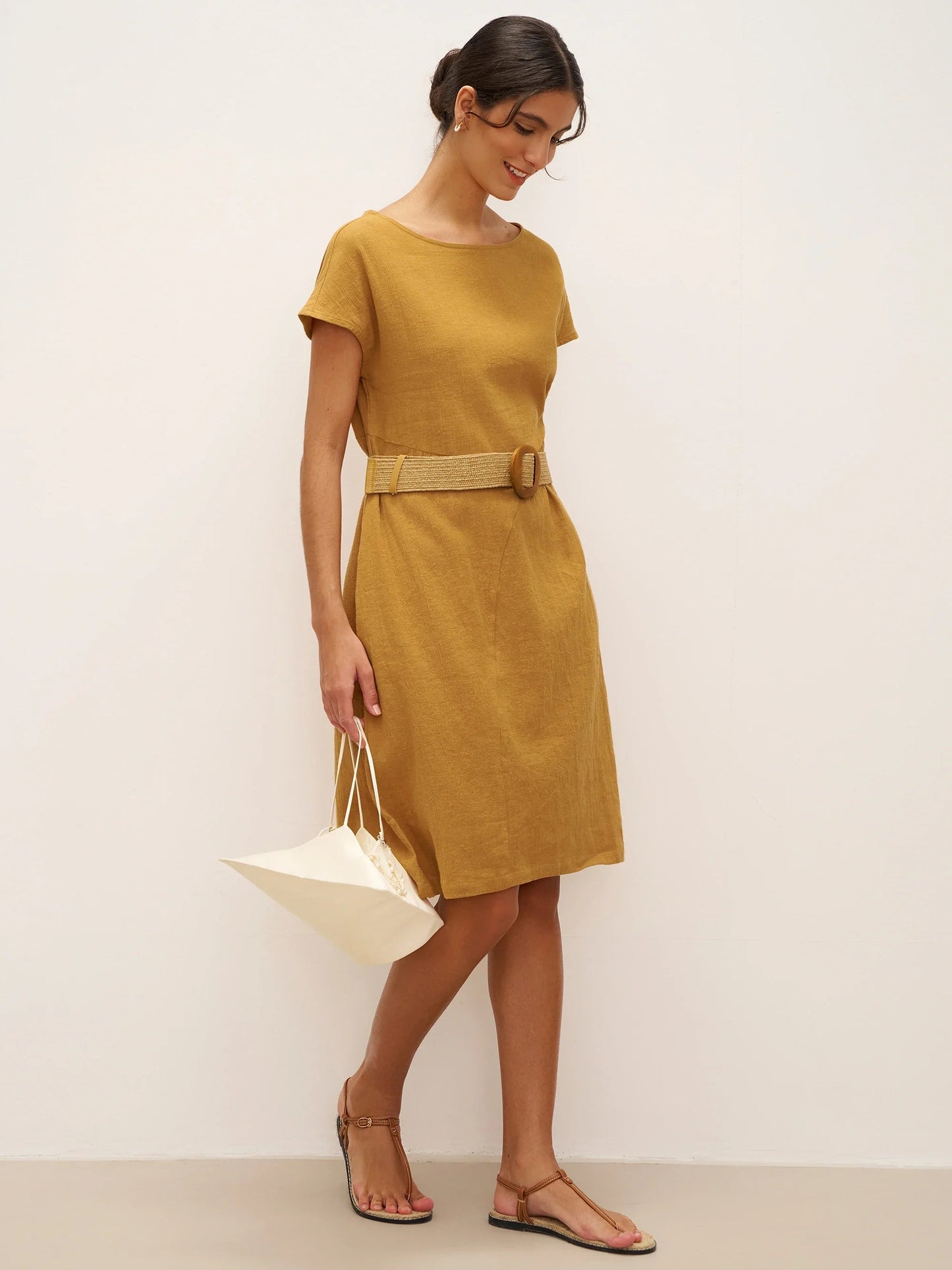 Linen Cap-Sleeve Textured Washed Midi Dress ALICE