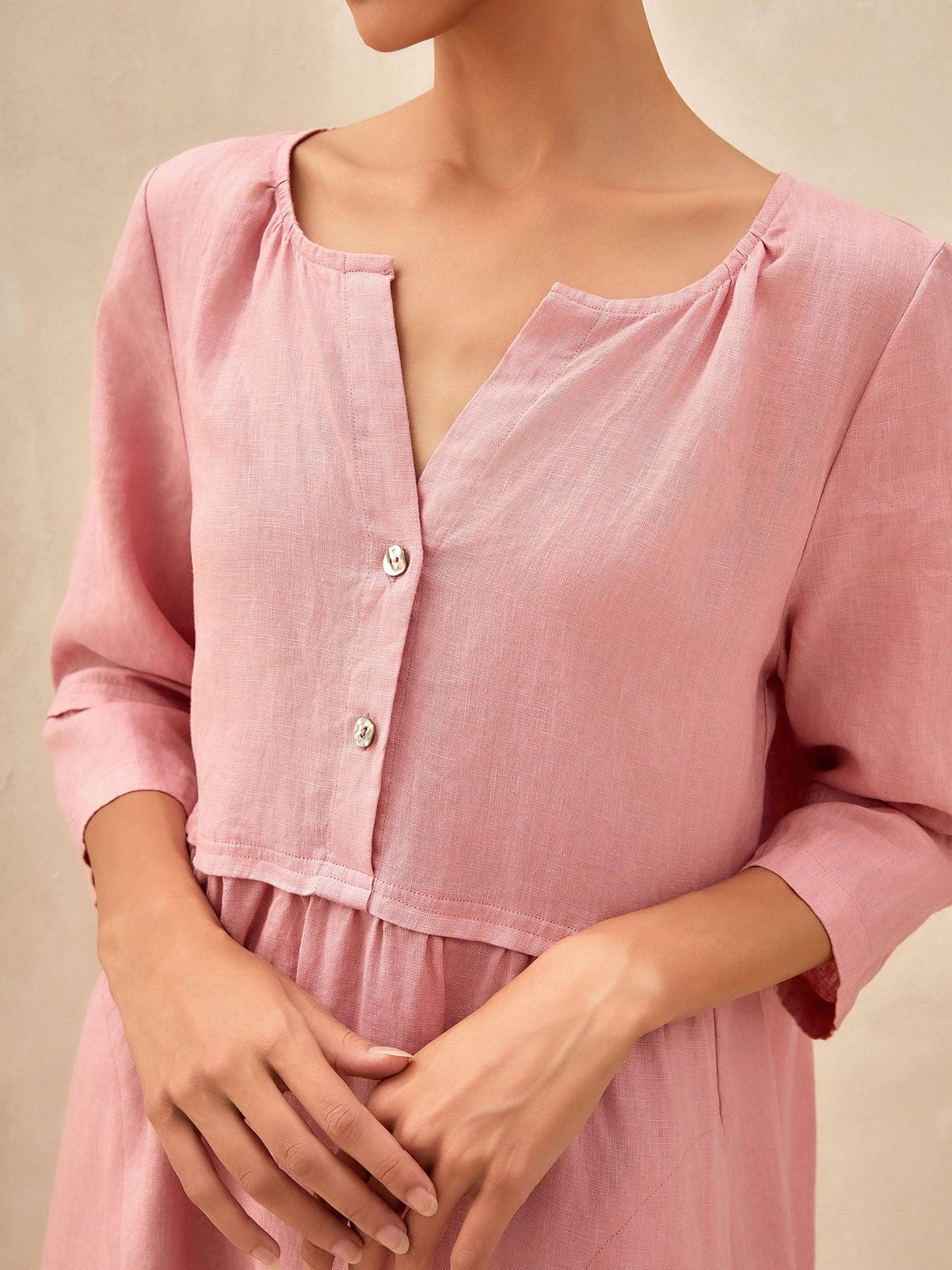 100% Linen Loose Fit Button Waist Gathered Maxi Dress LUNA