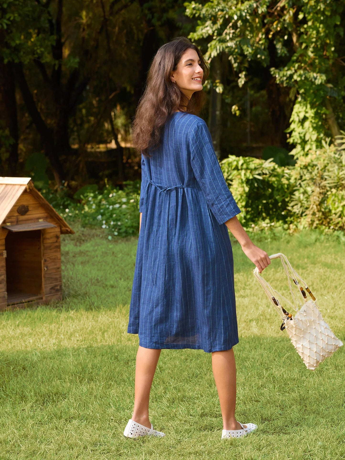 100% Linen Striped A-Line Midi Dress with Belt JULIET