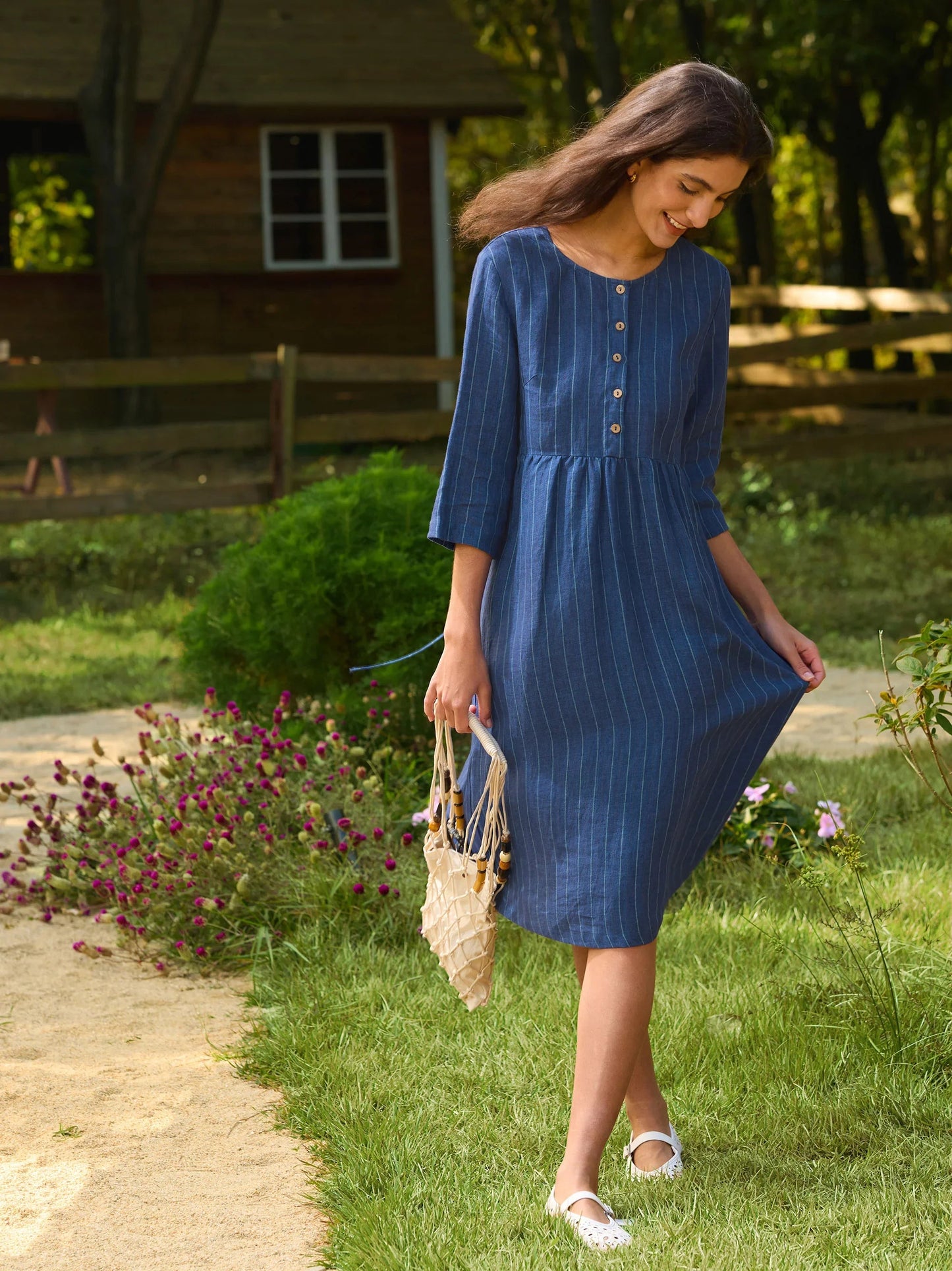 100% Linen Striped A-Line Midi Dress with Belt JULIET