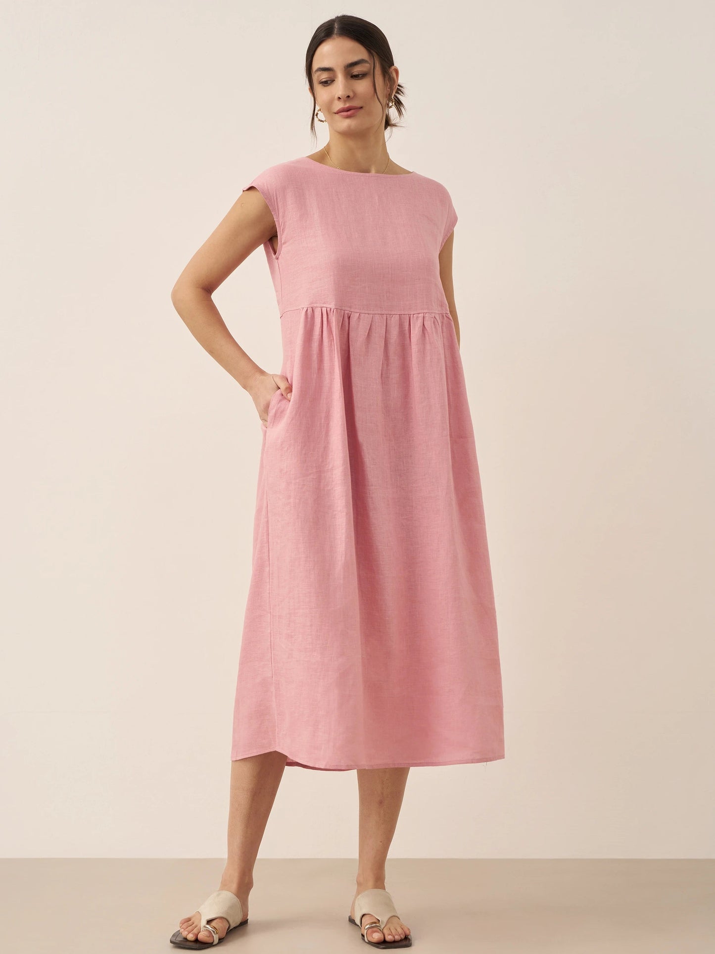 Linen Gingham Checked Cap Sleeve Washed Maxi Dress