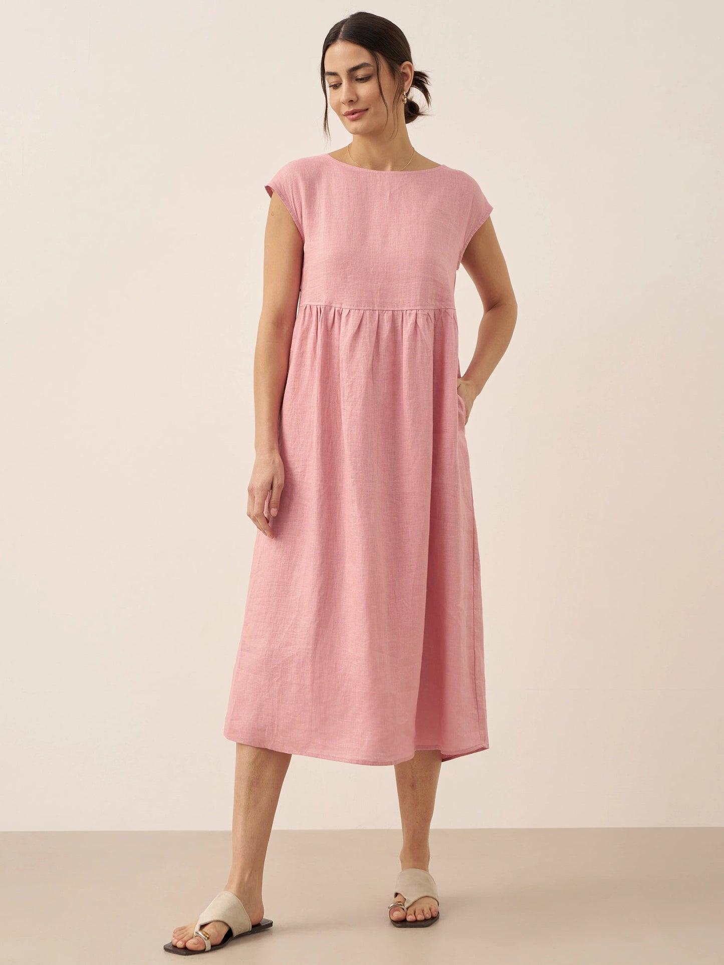 100% Linen Cap Sleeve Washed Maxi Dress JOAN