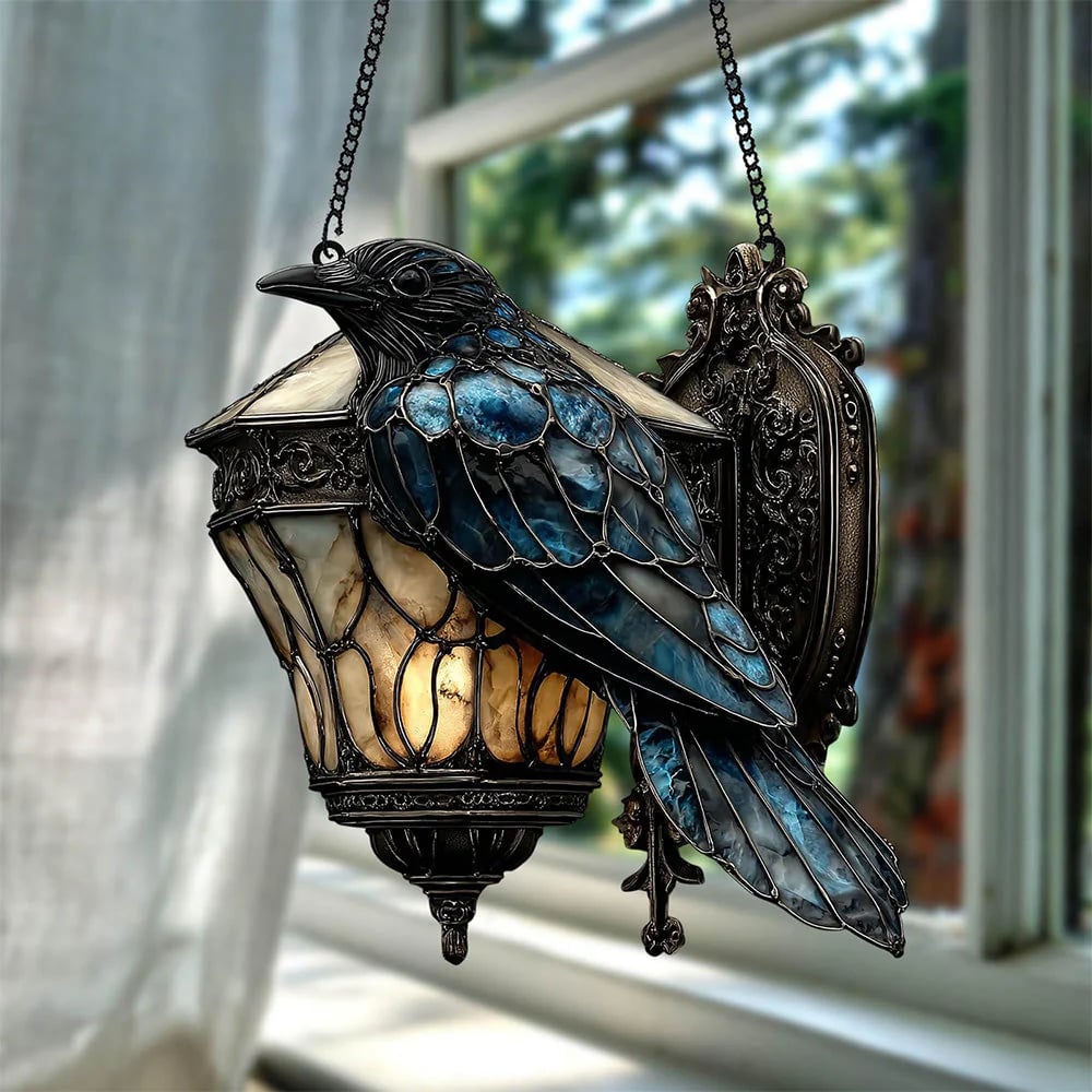 🐦⬛Exquisite Black Crow Lantern Decorative Suncatcher – Faux Stained Halloween Crow(3D)