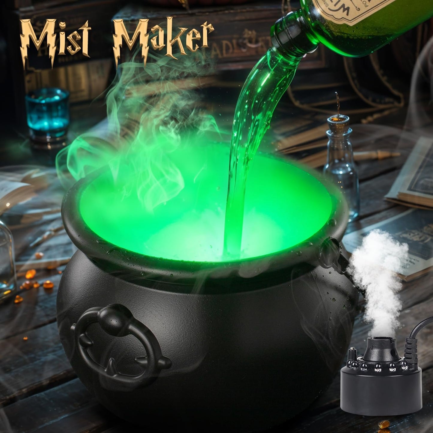 🔥Halloween Decorations Indoor Witches Cauldron with Magic Floating Potion Bottles & Fog Maker