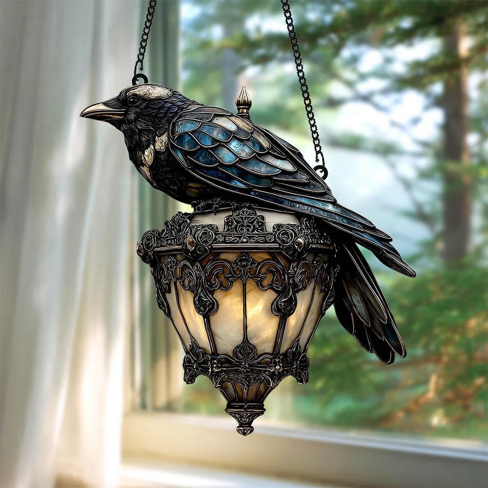 🐦⬛Exquisite Black Crow Lantern Decorative Suncatcher – Faux Stained Halloween Crow(3D)