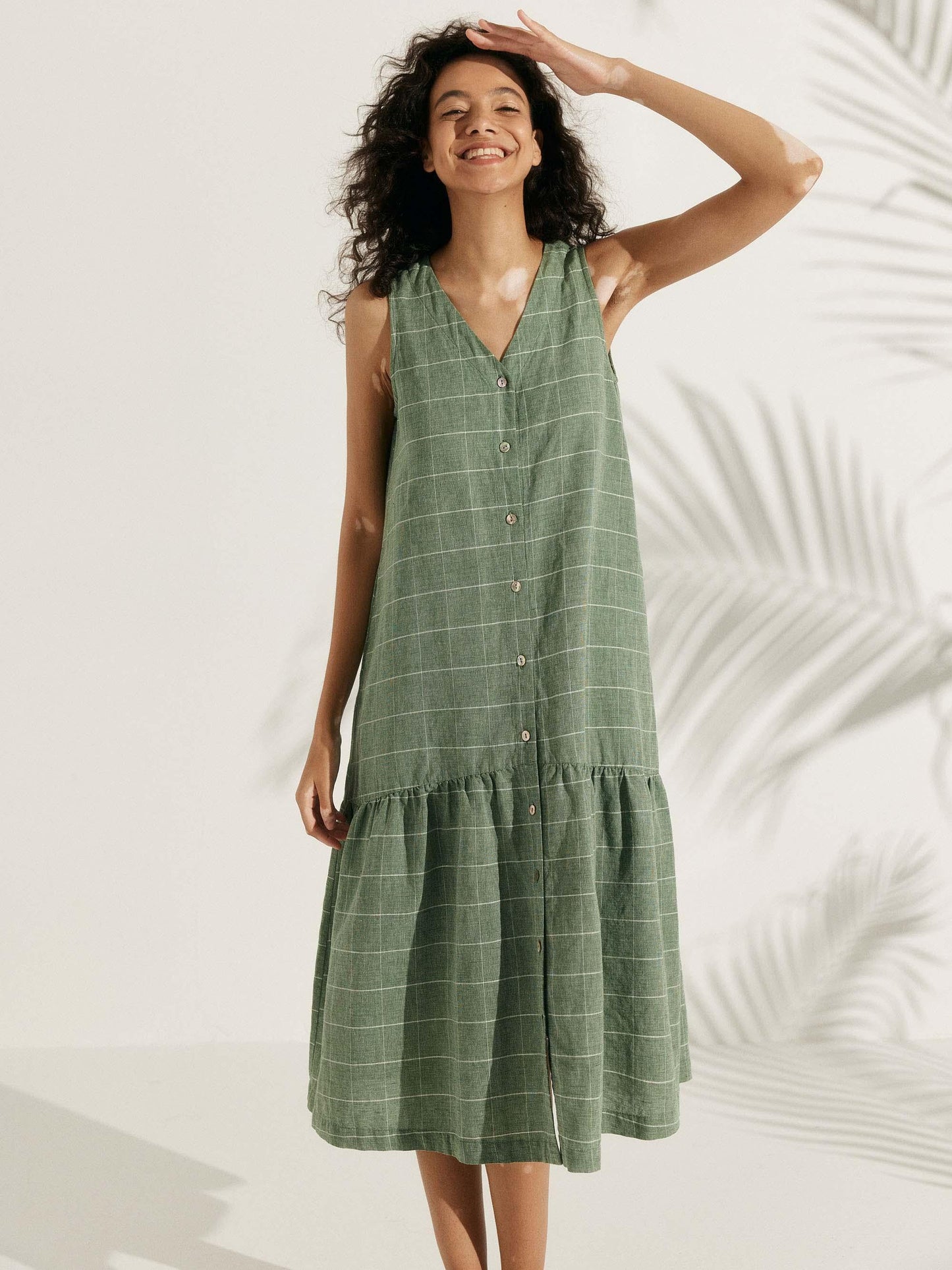 Linen Vacation Gingham Checked Sleeveless V-Neck Mid-Length Dress