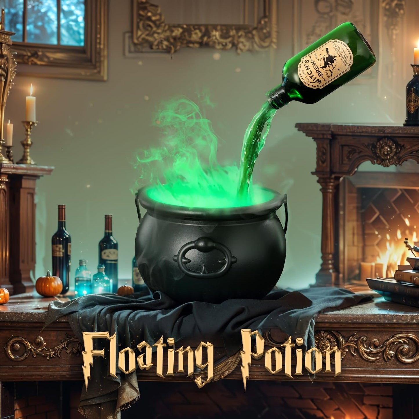 🔥Halloween Decorations Indoor Witches Cauldron with Magic Floating Potion Bottles & Fog Maker