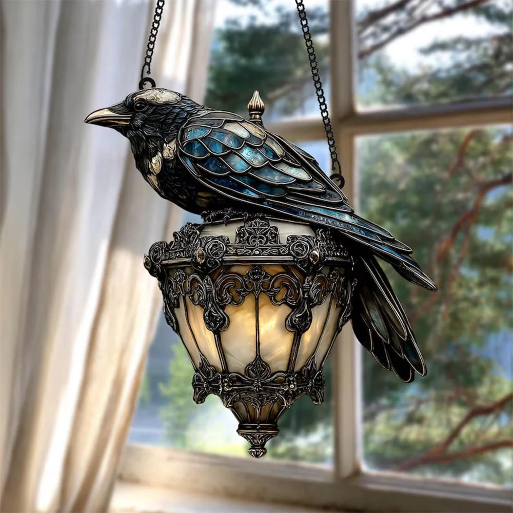 🐦⬛Exquisite Black Crow Lantern Decorative Suncatcher – Faux Stained Halloween Crow(3D)