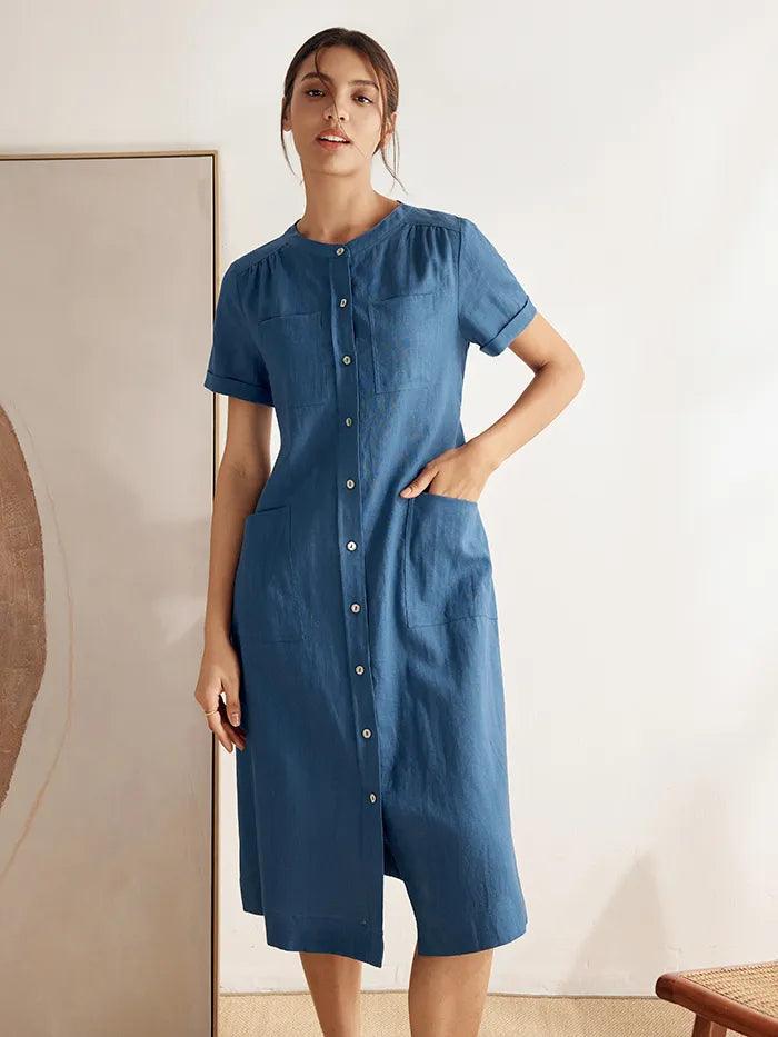 Linen Multi-Pocket Belted Shirt Dress