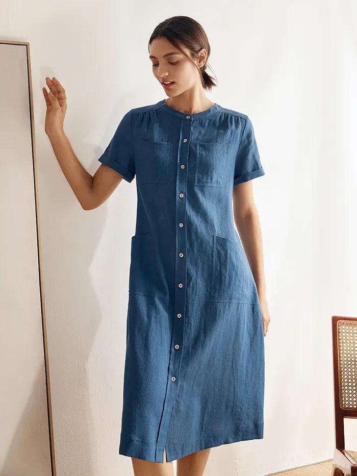 Linen Multi-Pocket Belted Shirt Dress