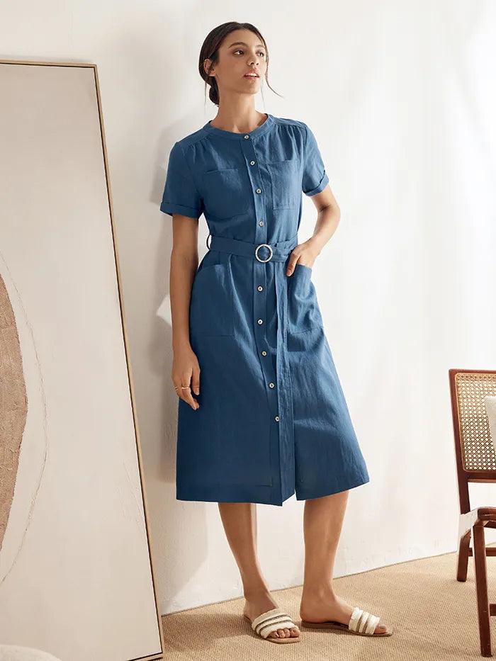 Linen Multi-Pocket Belted Shirt Dress