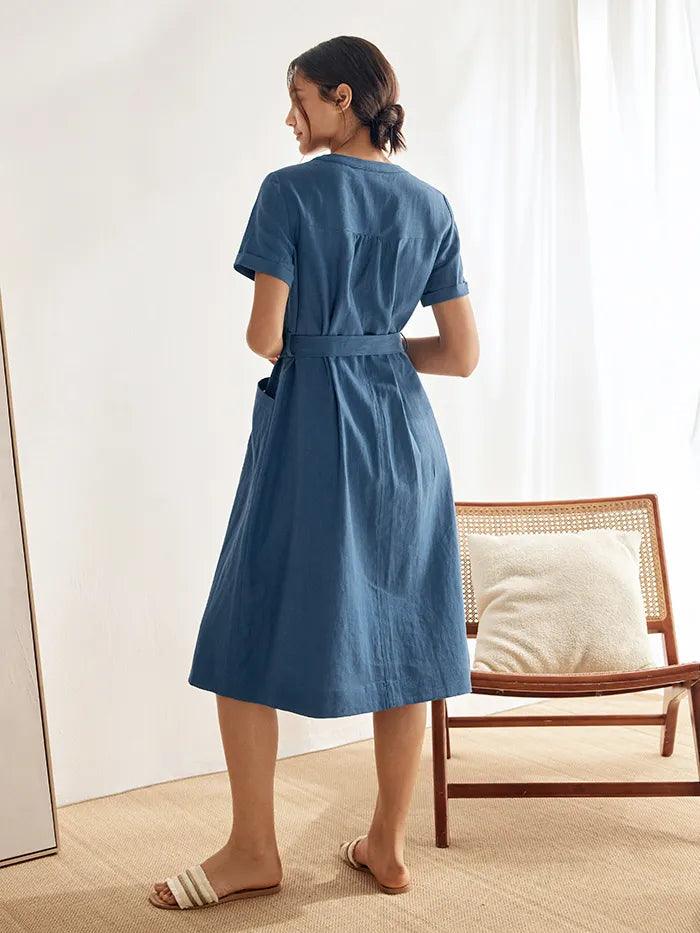 Linen Multi-Pocket Belted Shirt Dress