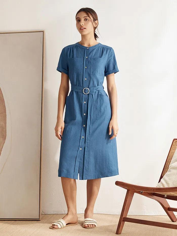 Linen Multi-Pocket Belted Shirt Dress