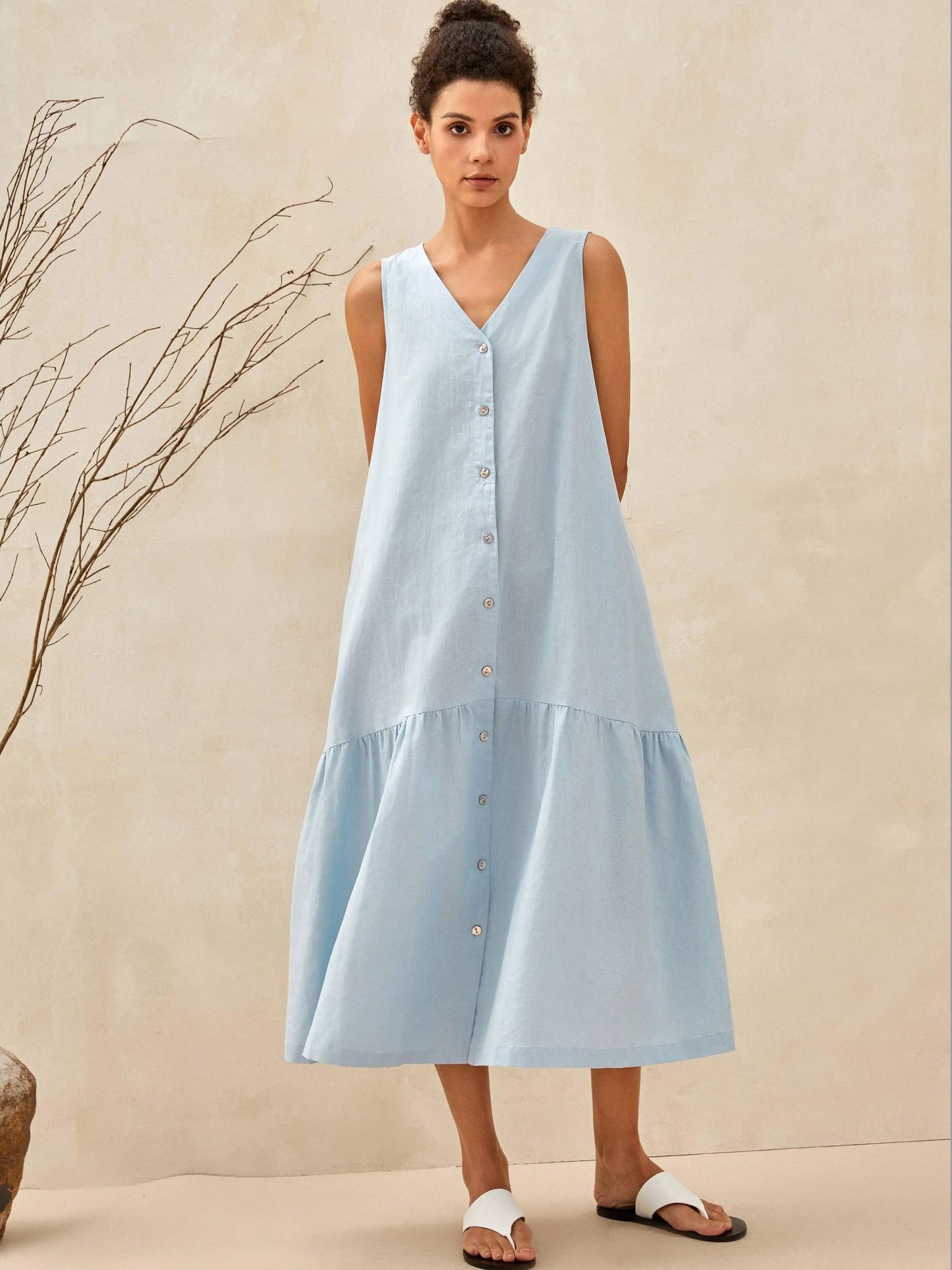 Linen Vacation Gingham Sleeveless V-Neck Mid-Length Dress