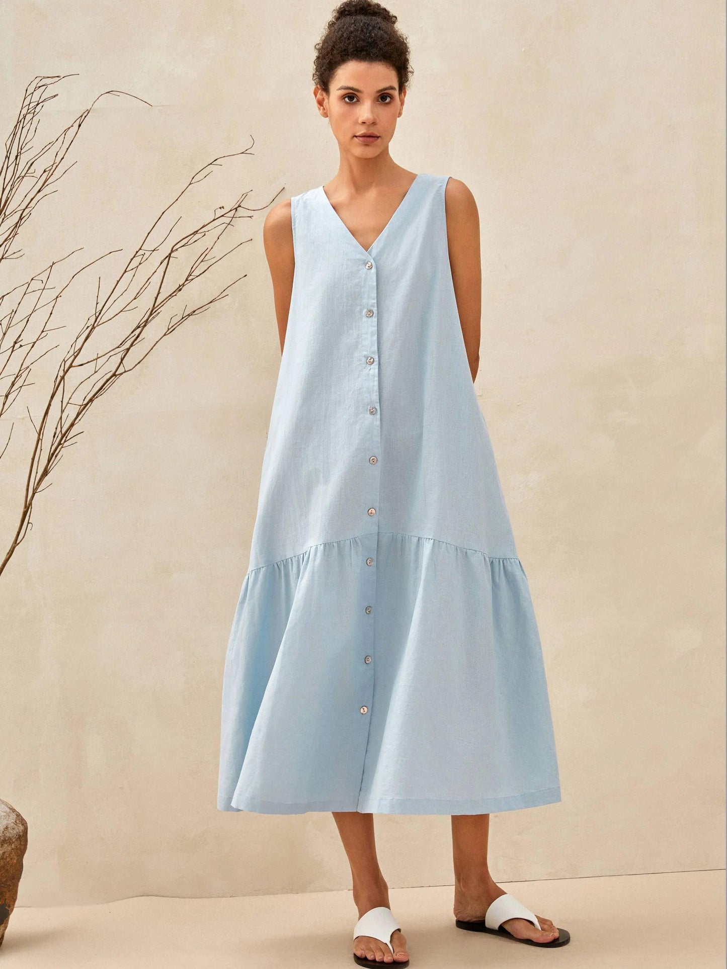 Linen Vacation Sleeveless V-Neck Mid-Length Dress CELINE